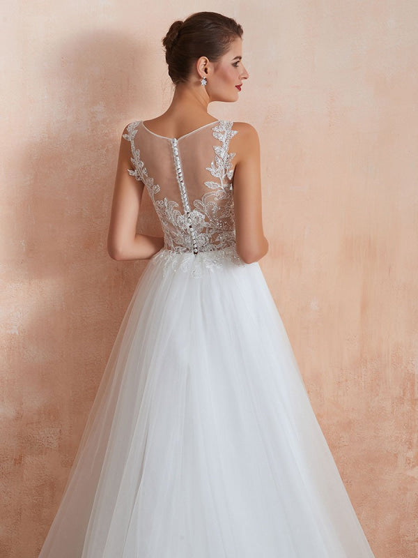 A Line Sleeveless Lace Floor Length Tulle Wedding Dress With Train