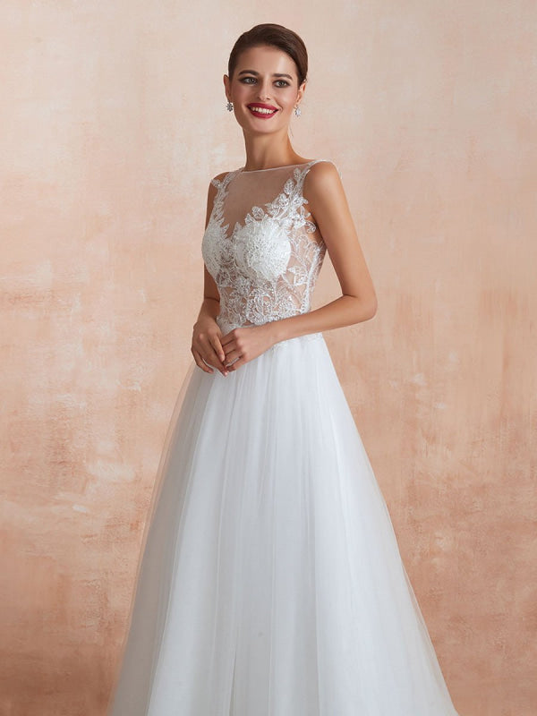 A Line Sleeveless Lace Floor Length Tulle Wedding Dress With Train