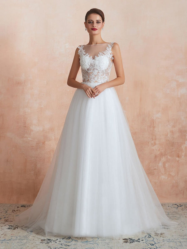 A Line Sleeveless Lace Floor Length Tulle Wedding Dress With Train