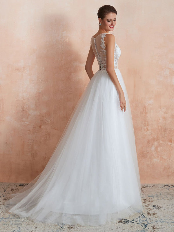 A Line Sleeveless Lace Floor Length Tulle Wedding Dress With Train