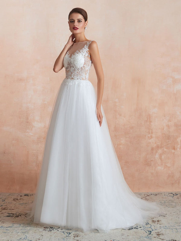 A Line Sleeveless Lace Floor Length Tulle Wedding Dress With Train