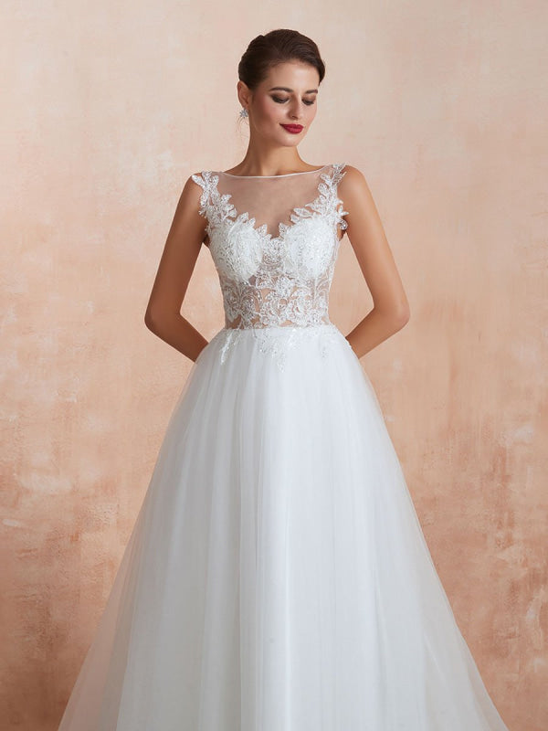 A Line Sleeveless Lace Floor Length Tulle Wedding Dress With Train