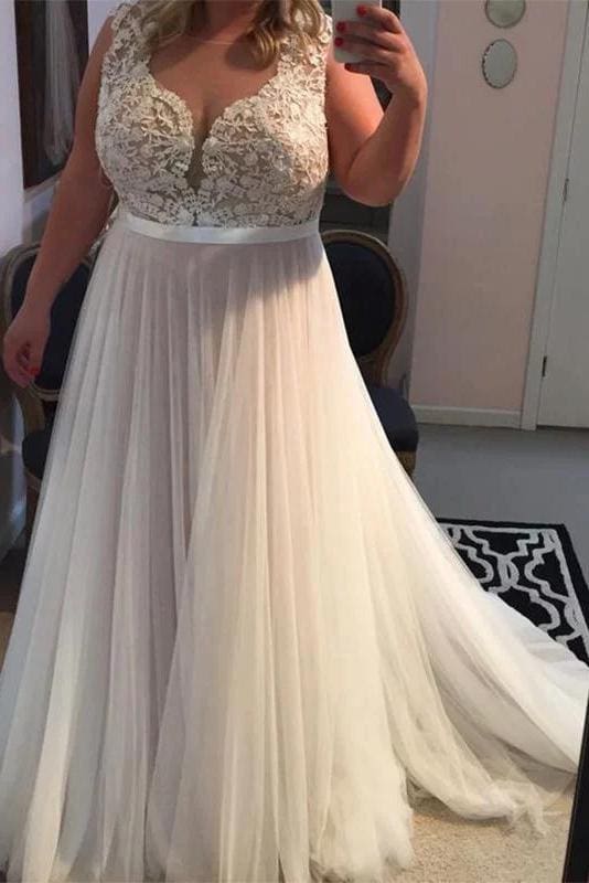 A Line Sleeveless Prom Dress Lace Tulle Plus Size Dresses with Brush Train