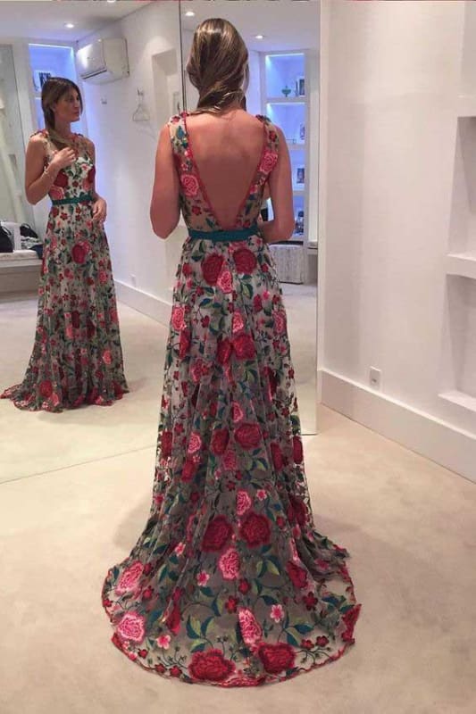 A Line Sleeveless Prom Embroidery Formal Dress Long with V Back