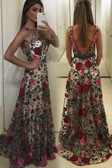 A Line Sleeveless Prom Embroidery Formal Dress Long with V Back