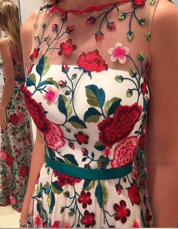 A Line Sleeveless Prom Embroidery Formal Dress Long with V Back