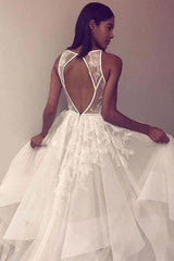 A Line Sleeveless Tulle Lace Appliques Beach Wedding Dress