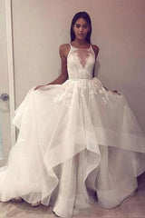 A Line Sleeveless Tulle Lace Appliques Beach Wedding Dress