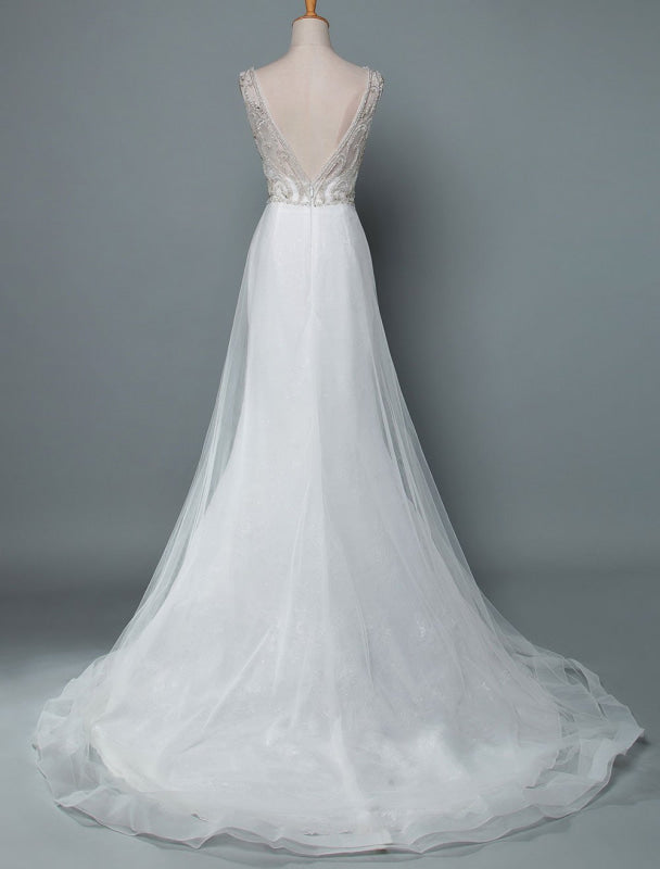 A Line Sleeveless V Neck Backless Bridal Gown High Split
