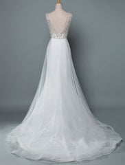 A Line Sleeveless V Neck Backless Bridal Gown High Split
