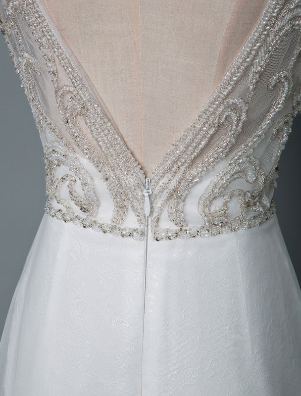 A Line Sleeveless V Neck Backless Bridal Gown High Split