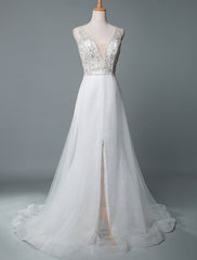 A Line Sleeveless V Neck Backless Bridal Gown High Split