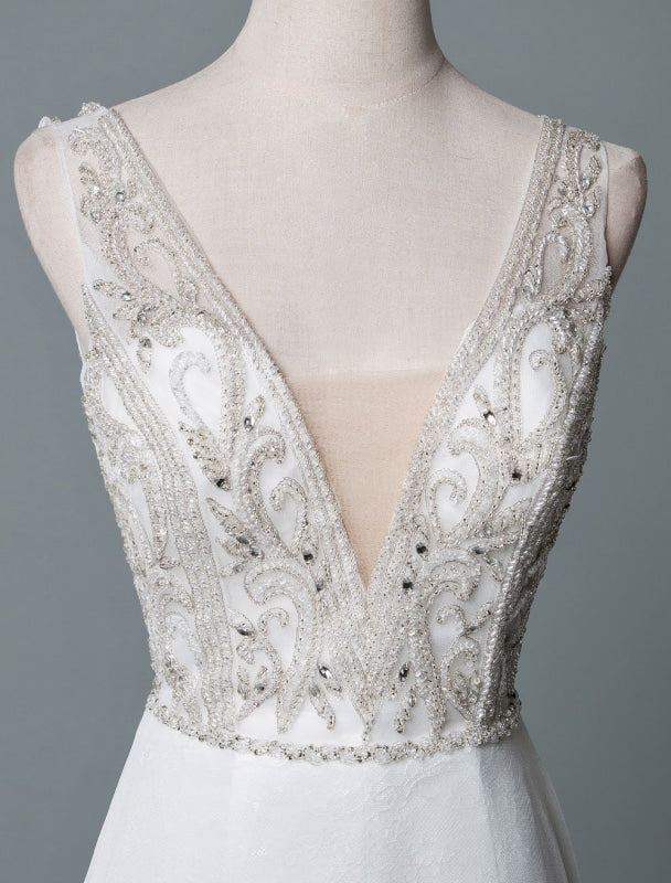 A Line Sleeveless V Neck Backless Bridal Gown High Split