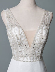 A Line Sleeveless V Neck Backless Bridal Gown High Split