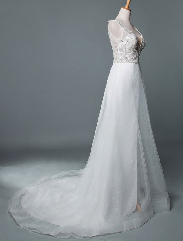 A Line Sleeveless V Neck Backless Bridal Gown High Split