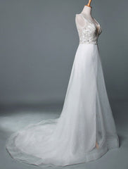 A Line Sleeveless V Neck Backless Bridal Gown High Split