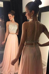 A Line Sleeveless with Rhinestone Chiffon Long Prom Dress