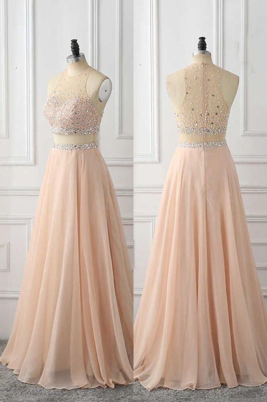 A Line Sleeveless with Rhinestone Chiffon Long Prom Dress