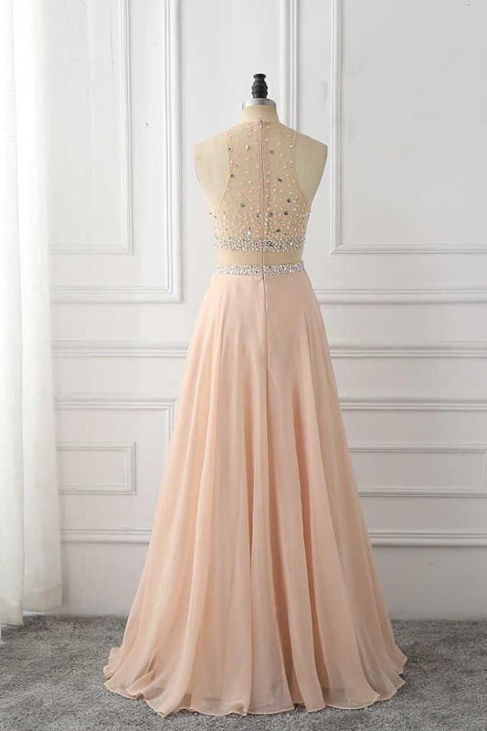 A Line Sleeveless with Rhinestone Chiffon Long Prom Dress