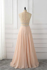 A Line Sleeveless with Rhinestone Chiffon Long Prom Dress