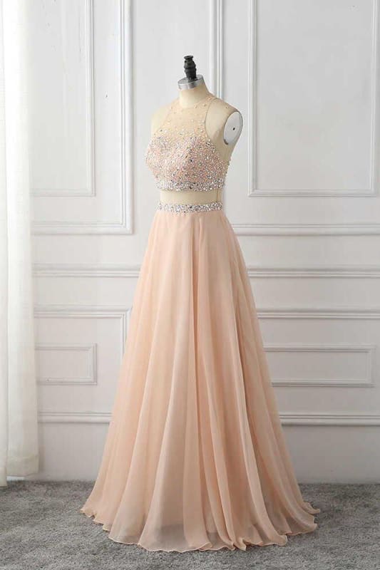 A Line Sleeveless with Rhinestone Chiffon Long Prom Dress
