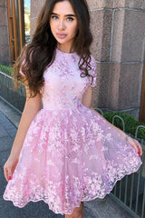 A Line Sleeves Short Pink Homecoming Dresses with Lace Appliques