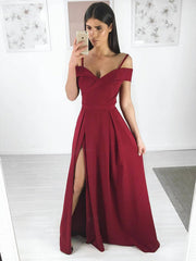 A Line Spaghetti Straps Off Shoulder Burgundy Long Prom with Side Slit, Burgundy Long Evening, Formal, Graduation