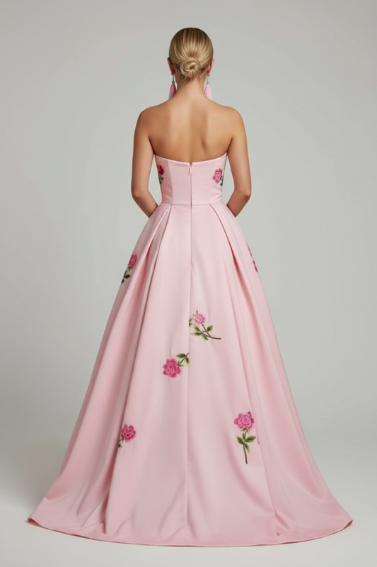 A Line Strapless Floor Length Printed Prom Dress Long Floral Evening Dresses