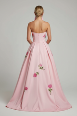 A Line Strapless Floor Length Printed Prom Dress Long Floral Evening Dresses
