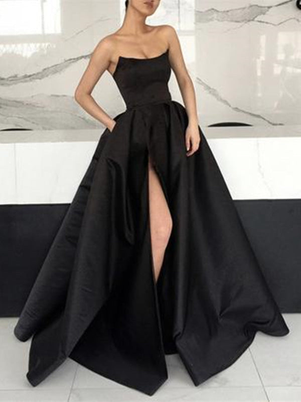A Line Strapless High Slit Burgundy/Pink/Black Prom, High Slit Formal, Graduation