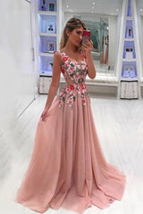 A Line Straps Appliqued Prom Dress Sweep Train Tulle Evening Dresses