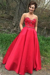 A Line Sweetheart Satin Prom with Beading Floor Length Strapless Formal Dress