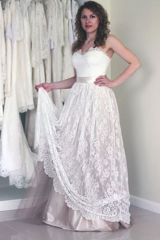 A Line Sweetheart Strapless Lace Wedding Dress