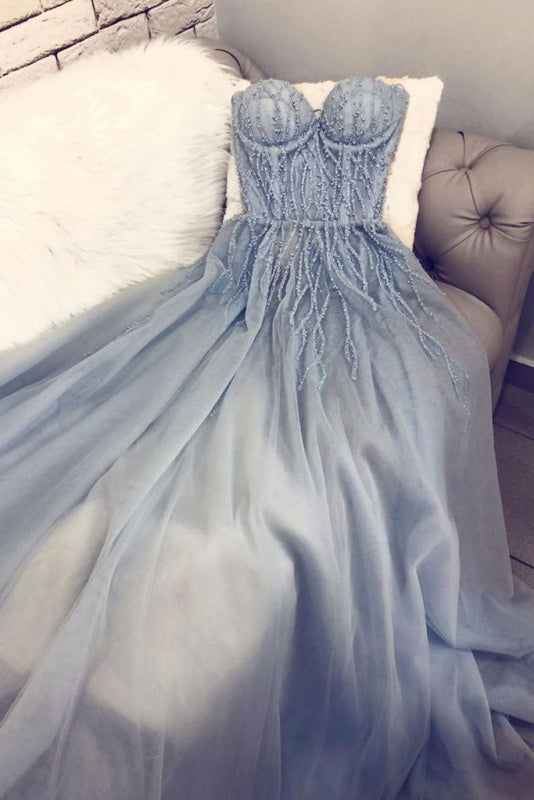 A Line Sweetheart Tulle Appliqued Evening Dress Charming Long Party Dresses