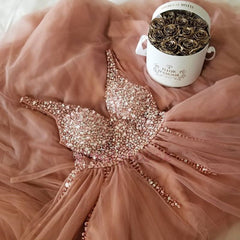 A Line Tulle Beading Evening Dress with Rhinestones Sleeveless Long