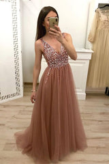 A Line Tulle Beading Evening Dress with Rhinestones Sleeveless Long