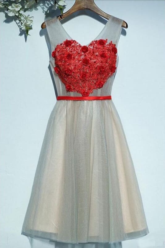 A Line V-neck Appliqued Homecoming Short Party Dresses with Flowers