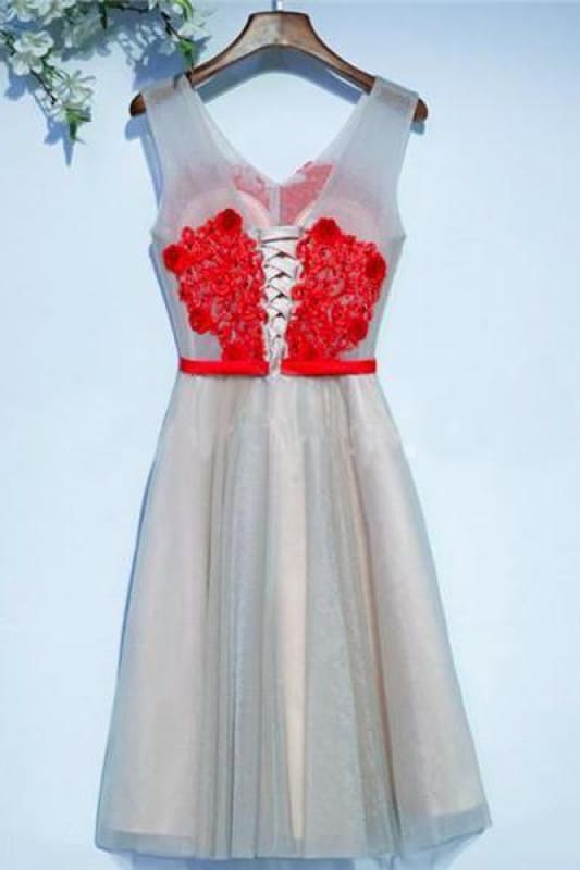 A Line V-neck Appliqued Homecoming Short Party Dresses with Flowers