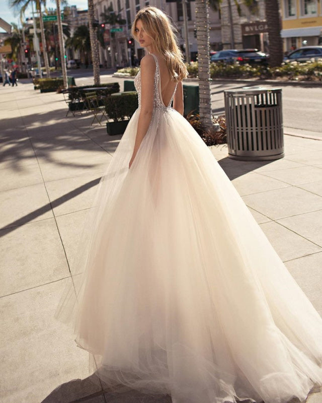 A Line V Neck Backless Beaded Ivory Prom Wedding with High Slit, Backless Ivory Formal, Evening