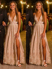 A Line V Neck Backless Lace Champagne Long Prom with Leg Slit, Backless Formal, Lace Graduation Evening