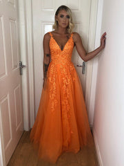 A Line V Neck Backless Lace Yellow Prom, V Neck Lace Formal, Yellow Lace Evening