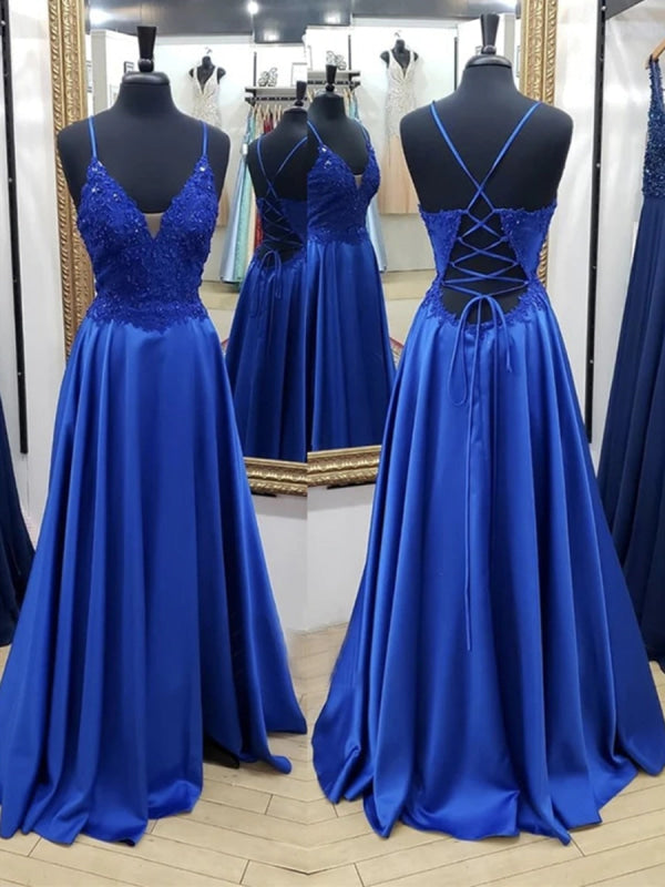A Line V Neck Backless Long Lace Prom Dress Royal Blue Satin Formal Evening Dress
