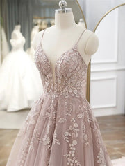 A Line V Neck Backless Pink Lace Floral Long Prom Dresses, Pink Lace Formal Graduation Evening Dresses