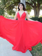 A Line V Neck Backless Red Long Prom, Open Back Red Formal Graduation Evening