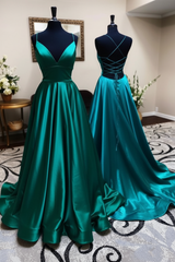 A Line V Neck Backless Satin Prom Dress Open Back Blue Formal Evening Dress