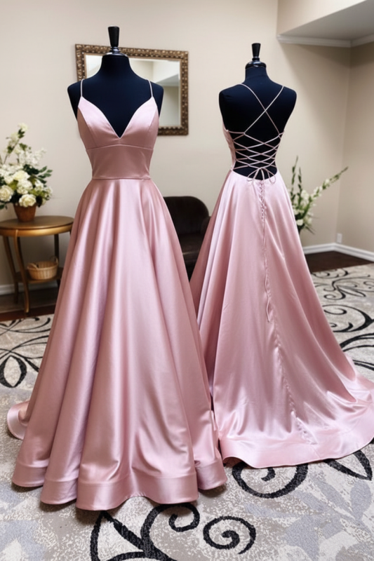 A Line V Neck Backless Satin Prom Dress Open Back Blue Formal Evening Dress
