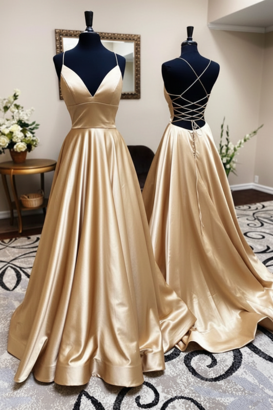 A Line V Neck Backless Satin Prom Dress Open Back Blue Formal Evening Dress