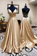 A Line V Neck Backless Satin Prom Dress Open Back Blue Formal Evening Dress