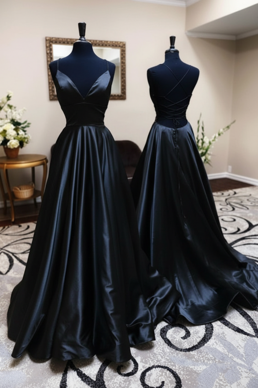 A Line V Neck Backless Satin Prom Dress Open Back Blue Formal Evening Dress