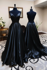 A Line V Neck Backless Satin Prom Dress Open Back Blue Formal Evening Dress